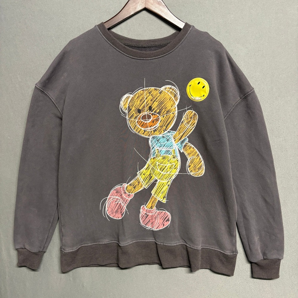 13DE‎ MARZO Palda Bear Graphic Pullover M Gray Sweatshirt Cotton Smile Patch